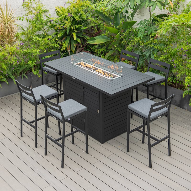7-Piece Outdoor Patio Bar Height Dining Set in Aluminum with Rectangular Fire Pit Table and 6 Barstool