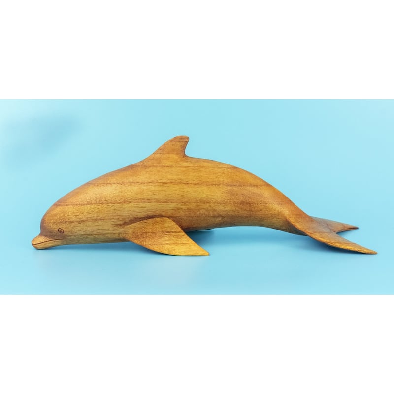 Wooden Hand Carved Dolphin Statue Sculpture Wood Home Decor Accent Figurine Handcrafted Handmade Seaside Tropical Nautical - 8" long x 3" deep x 3" tall