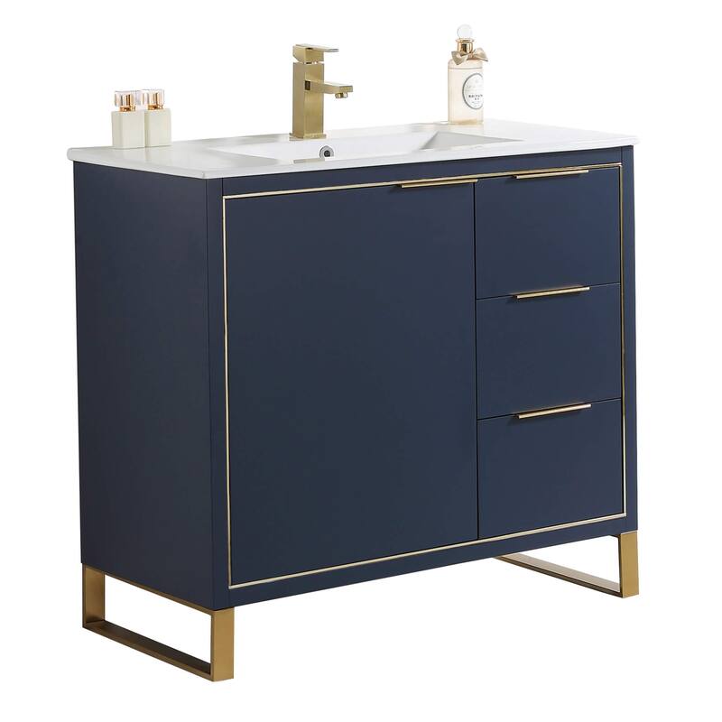 Fine Fixtures Opulence Collection Bathroom Vanity with White Ceramic Sink - 36 Inch - Navy Blue - Satin Brass Hardware
