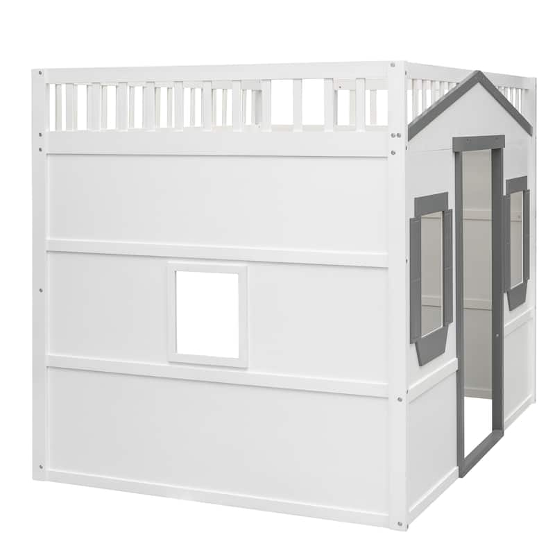 White+Gray Full Size House Loft Bed with Ladder, Doors, Window