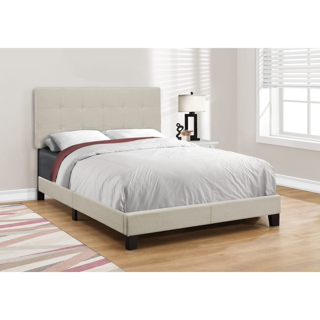 Full Size Upholstered Bed Frame with Beige Linen Look and Black Wood Legs