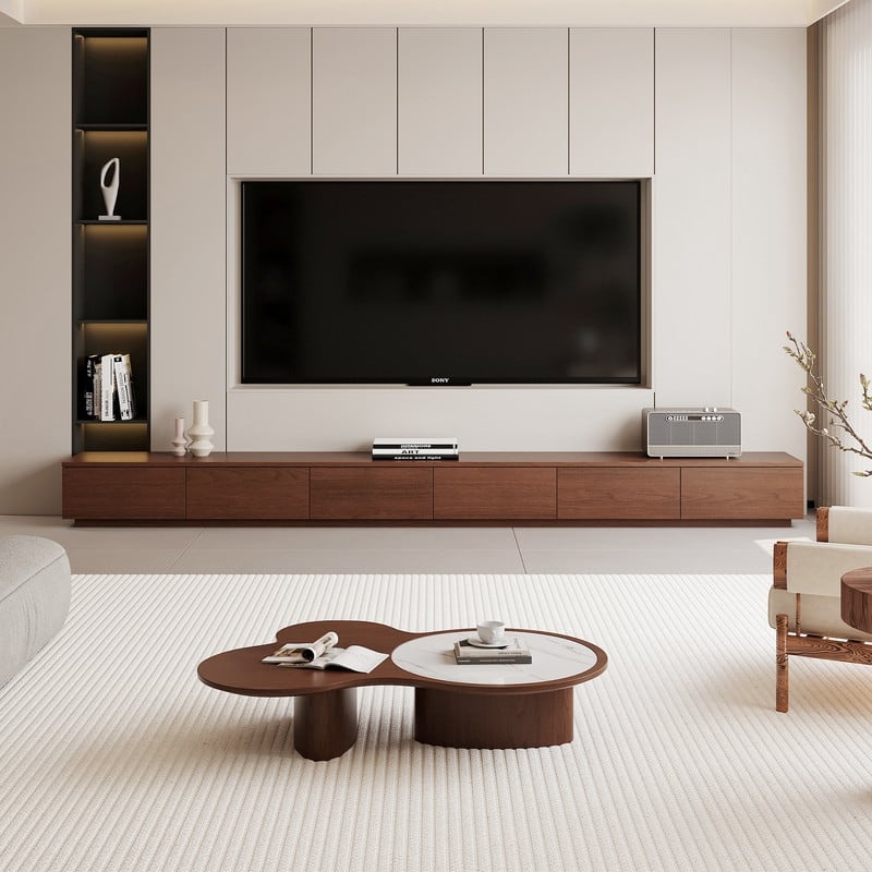 Mid Century Modern TV Stands,Brown Solid Wood Media Console with 3-6 Drawers