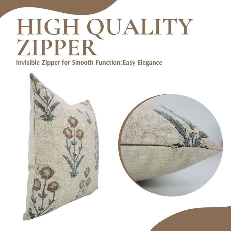 Fabdivine Hand Block Print Floral Pillow Cover Linen Cushion Case for Sofa Guest Room Fall Home Accent Gift, Shehjan