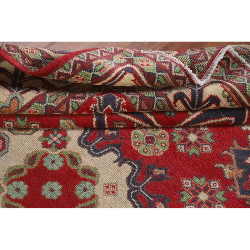 Hand Knotted Oriental 100% Wool Carpet Traditional Geometric Red Kazak Area Rug - 9' 8'' X 6' 6''