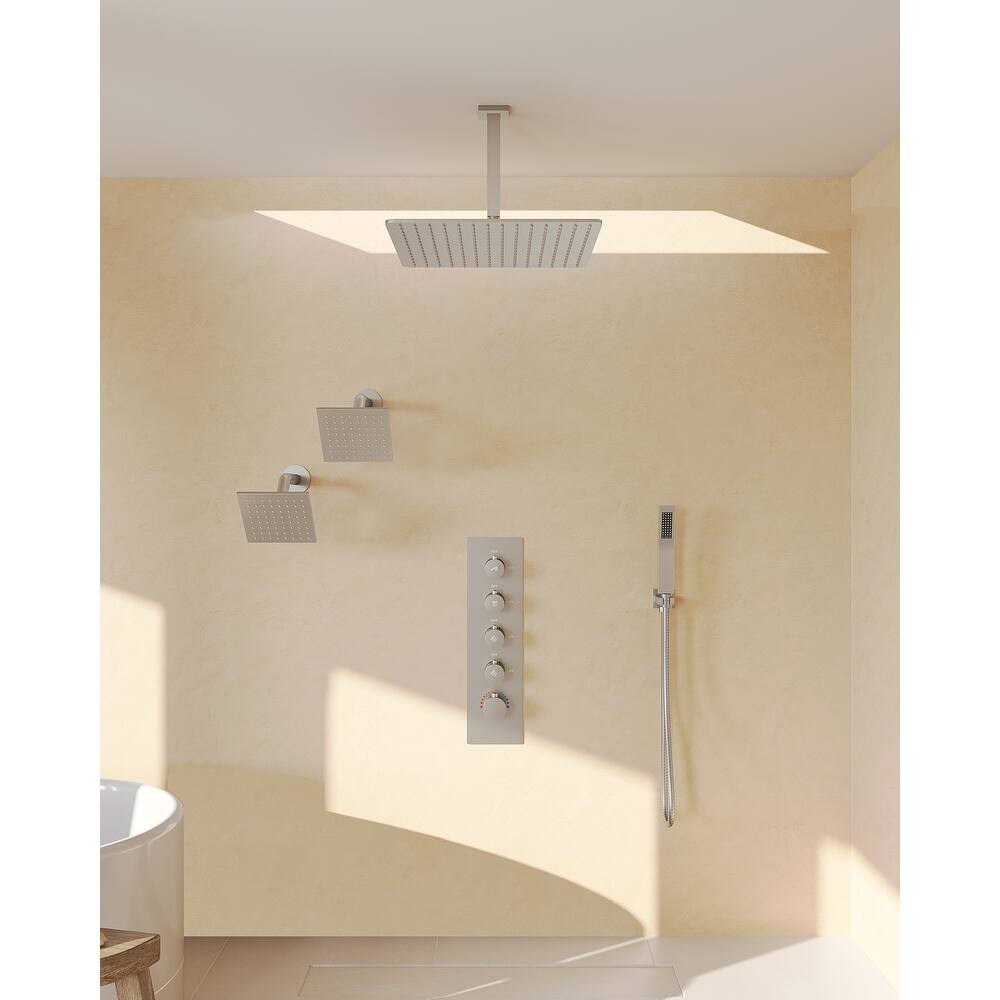 GRANDJOY High Pressure Shower Faucet System 16" Ceiling and dual 6" Wall Mounted Shower Head Combo Handheld Shower Spray