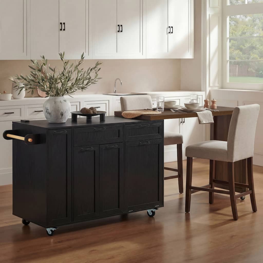 Kitchen Island with Extendable Dining Table, Kitchen Rolling Island Cart Mobile Island Table with Trash Storage Cabinet