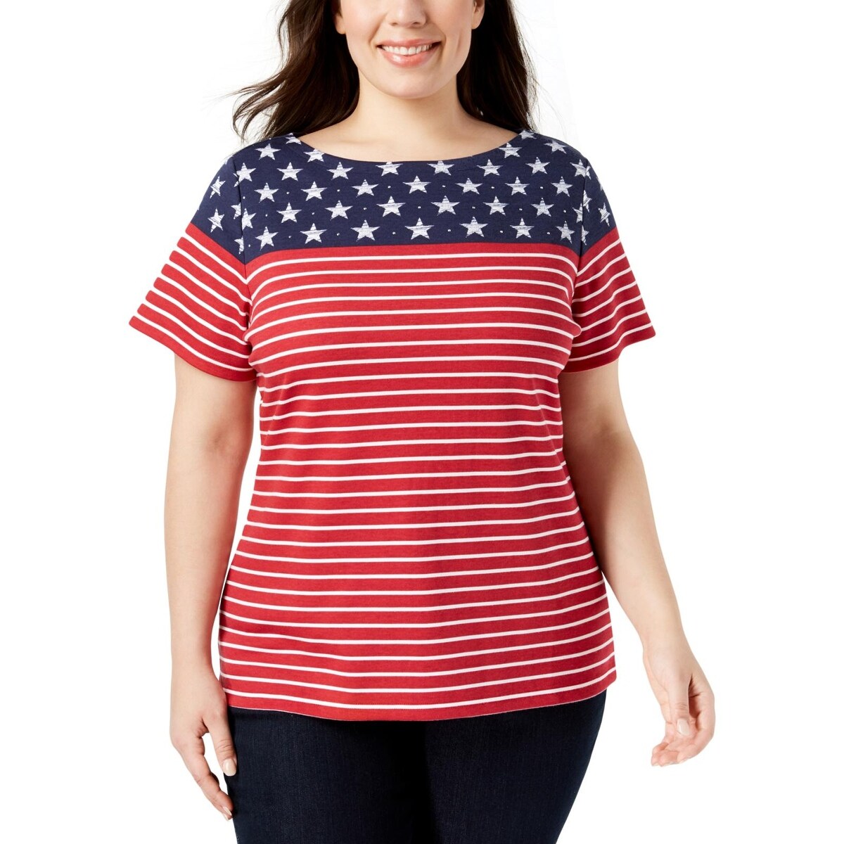 Shop Karen Scott Womens Plus American Flag T Shirt Rhinestone Short Sleeves Overstock 27728897