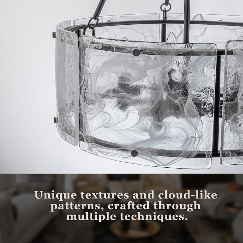 Modern 5-Light 20.5" Lantern Drum Chandelier Water Ripple Glass Pendant for Dining Room