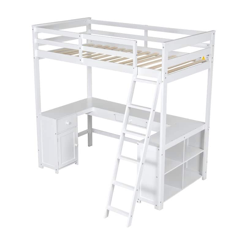 Twin Size Loft Bed with U-shaped Desk, Cabinet and Storage Shelves