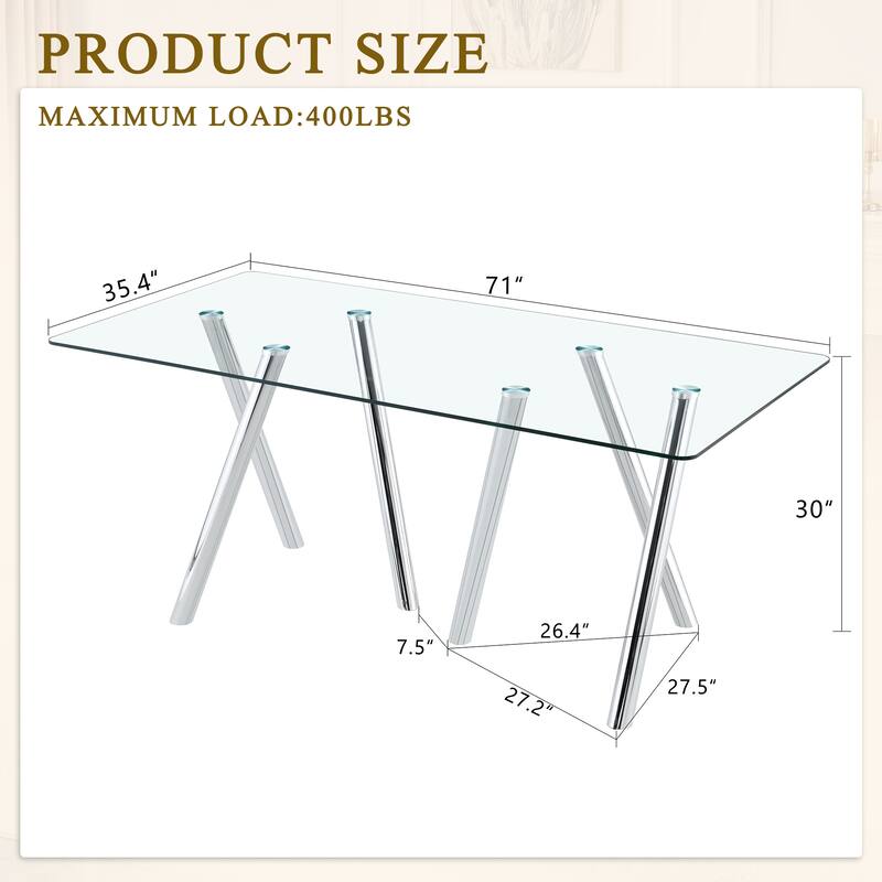 71-Inch Tempered Glass Dining Table with Sturdy Metal Legs