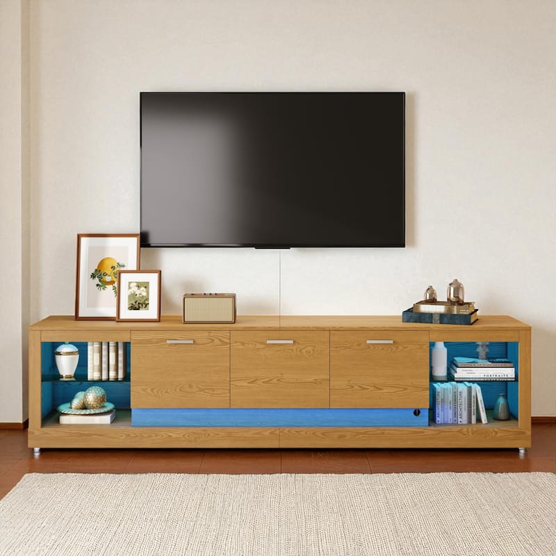 78.7 Inch Modern TV Stand with LED Lights, 6 Cabinets and 2 Open Shelves, Entertainment Center for TVs Up to 90 Inch - Natural