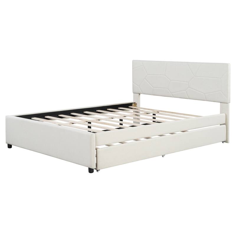Queen Size Upholstered Platform Bed with Brick Pattern Headboard and Twin XL Size Trundle, Linen Fabric, Beige