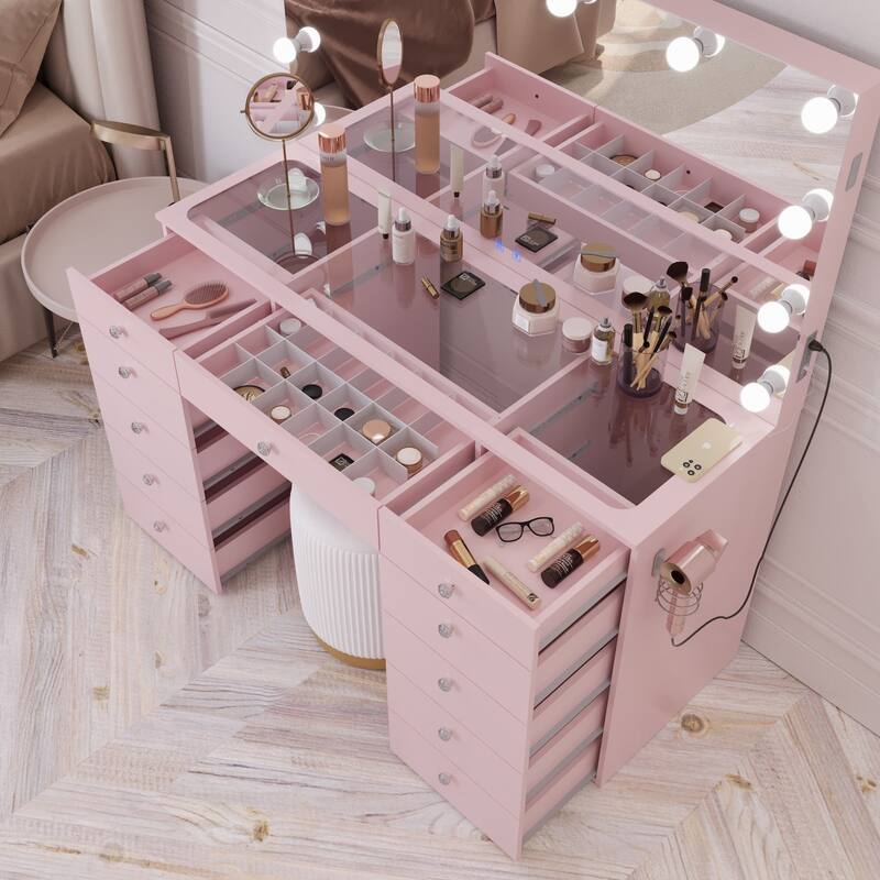 Makeup Vanity Desk, Glass Top, 12 LED Lights BT Speakers & 11 Drawers