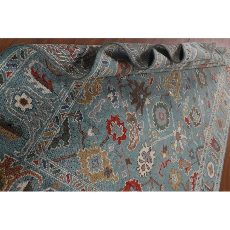 Floral Blue Oushak Oriental Area Rug Hand-Knotted Wool Carpet - 8'1"x 9'11"