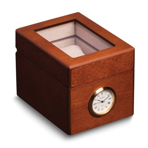 Curata Matte Cherry Finish Quartz Movement Clock Glass Lid Velour Lined Wooden Single Watch Storage Case