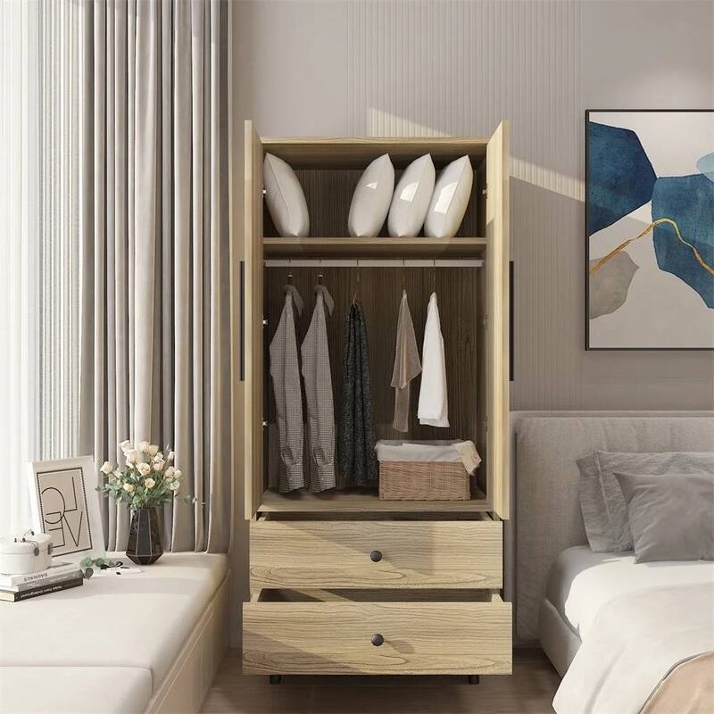 Oak MDF 2 Door Wardrobe with Hanging Rod and Shelves Compact Durable Bedroom Storage Unit - 71'' H X 32'' W X 21'' D