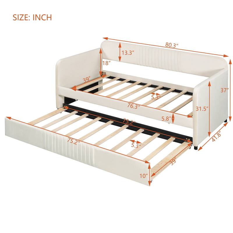Twin Size Upholstered Daybed with Trundle, Velvet Sofa Bed with Wood Slats, Pull-Out Guest Bed for Bedroom or Living Room