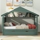 preview thumbnail 61 of 89, Twin Size House Bed Wood Slats Platform Bed Creativity Kids Bed Frame with Skylight, Storage Shelf, Trundle Bed Green - Full