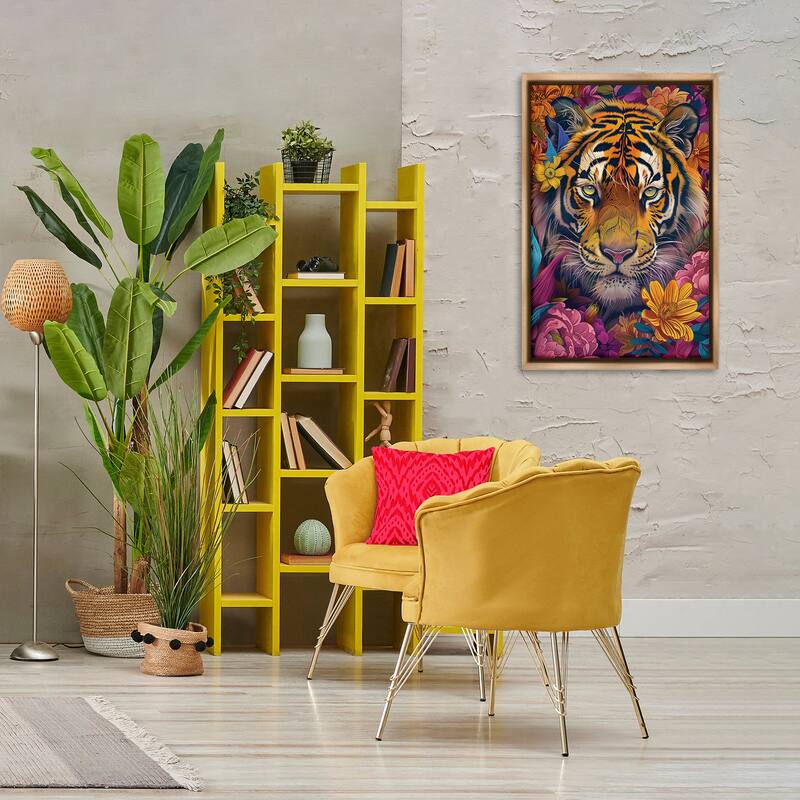 Stupell Peering Tiger Through Flowers Framed Floater Canvas Wall Art Design By LSR Design Studio