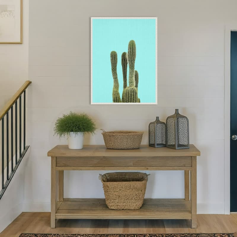 Turquoise Cactus by Lola Peacock Framed Canvas Wall Art Print - Sylvie Beaded White