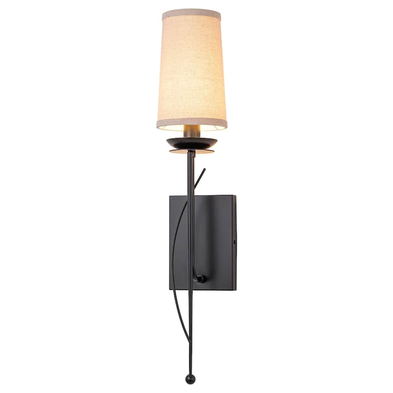 1-Light Matte Black Metal Wall Sconce Cone-Shaped Beige Linen Shade - Black
