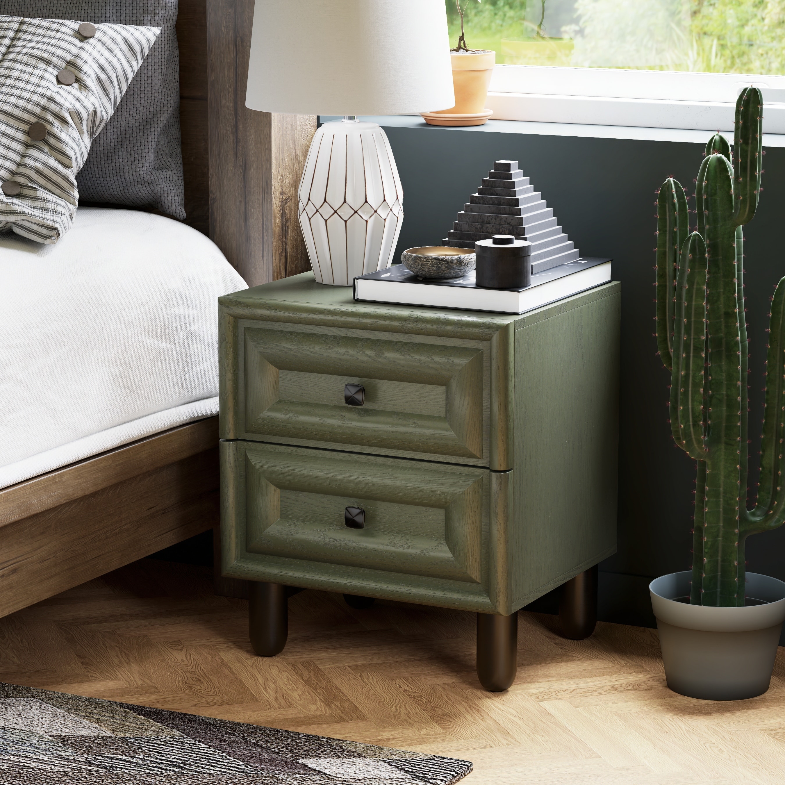 COZAYH Modern Geometric Dresser with Textured Frame Fronts, Contemporary Nightstand Featuring Rounded Pillar Pine Wood Legs