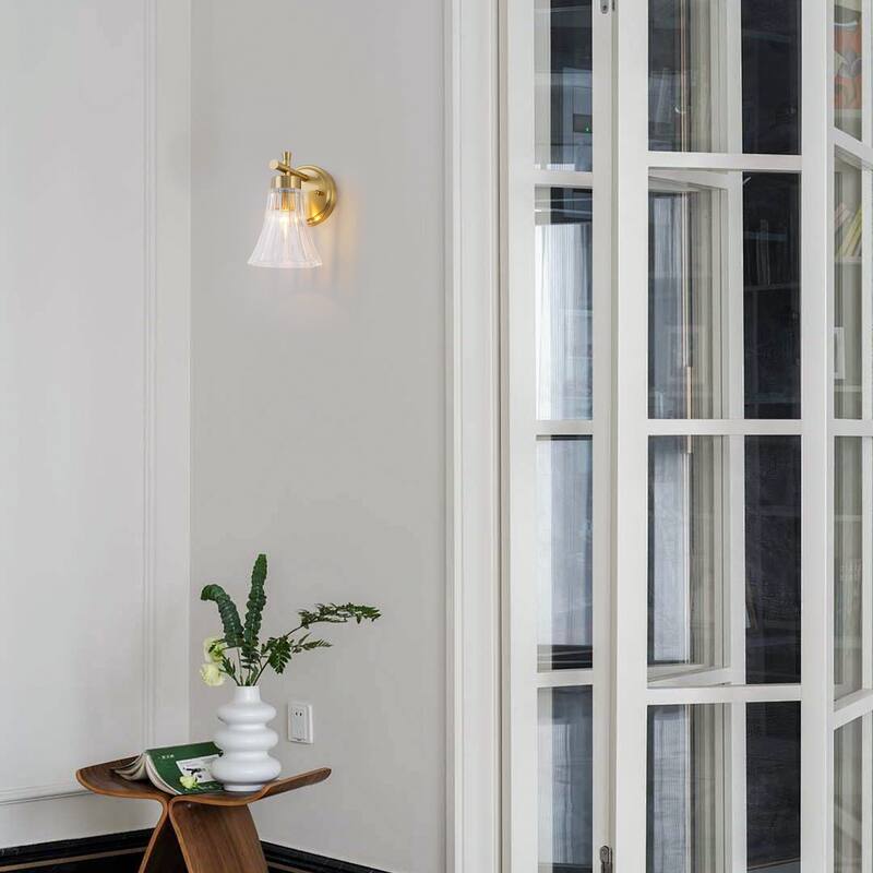Gold Metal Wall Sconce Ribbed Trumpet Glass Shade for Bathroom Vanity