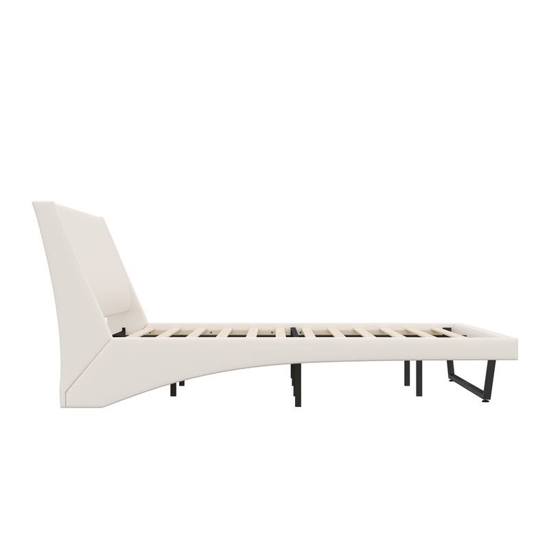 Wave-Like Curve Design Platform Bed Pu Leathe Upholstered Bed Frame Wooden Slat Support