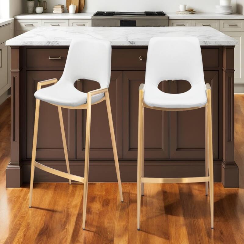 Set of 2 Faux Leather Low Back Chairs with Steel Frame and Footrest - White-Gold-26-Inch