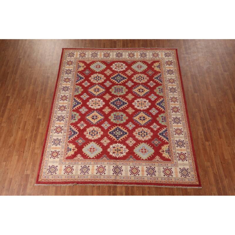 Red Geometric Kazak Area Rug Handmade Wool Carpet - 8'1" x 9'7"