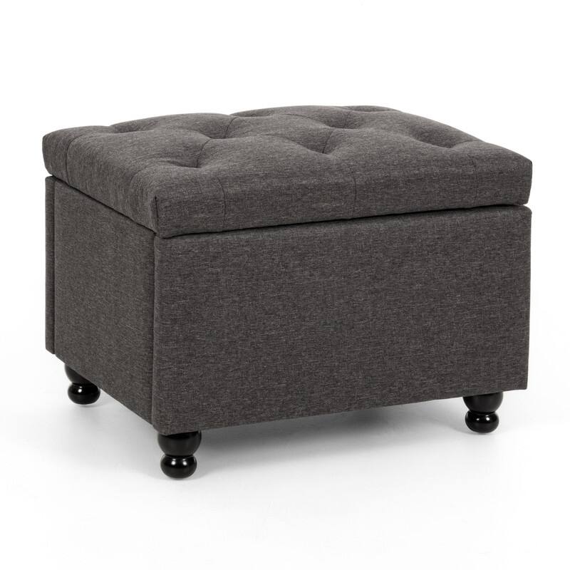 24" Faux Linen Rectangle Storage Ottoman, Shoe Stool for Entryway