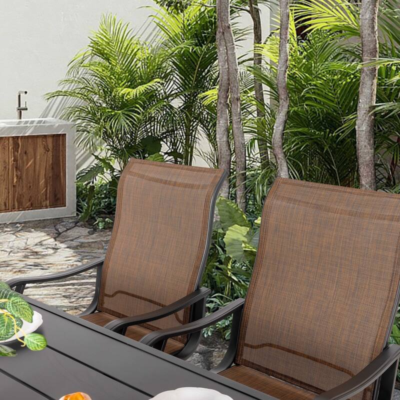 7-Piece Patio Iron Dining Set with Textilene Swivel Chairs, Brown and Black