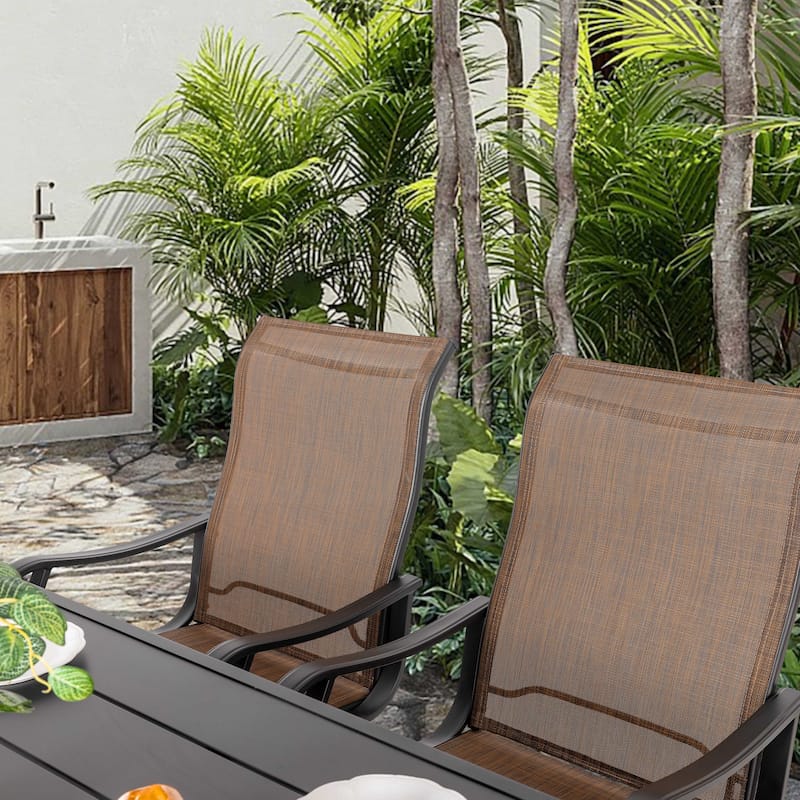 7-Piece Patio Iron Dining Set with Textilene Swivel Chairs, Brown and Black