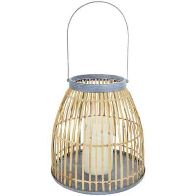 Bamboo Wood Handmade Woven Open Framed Caged Style Indoor Outdoor Candle Lantern with Blue Accents - Brown - Roche River Decor