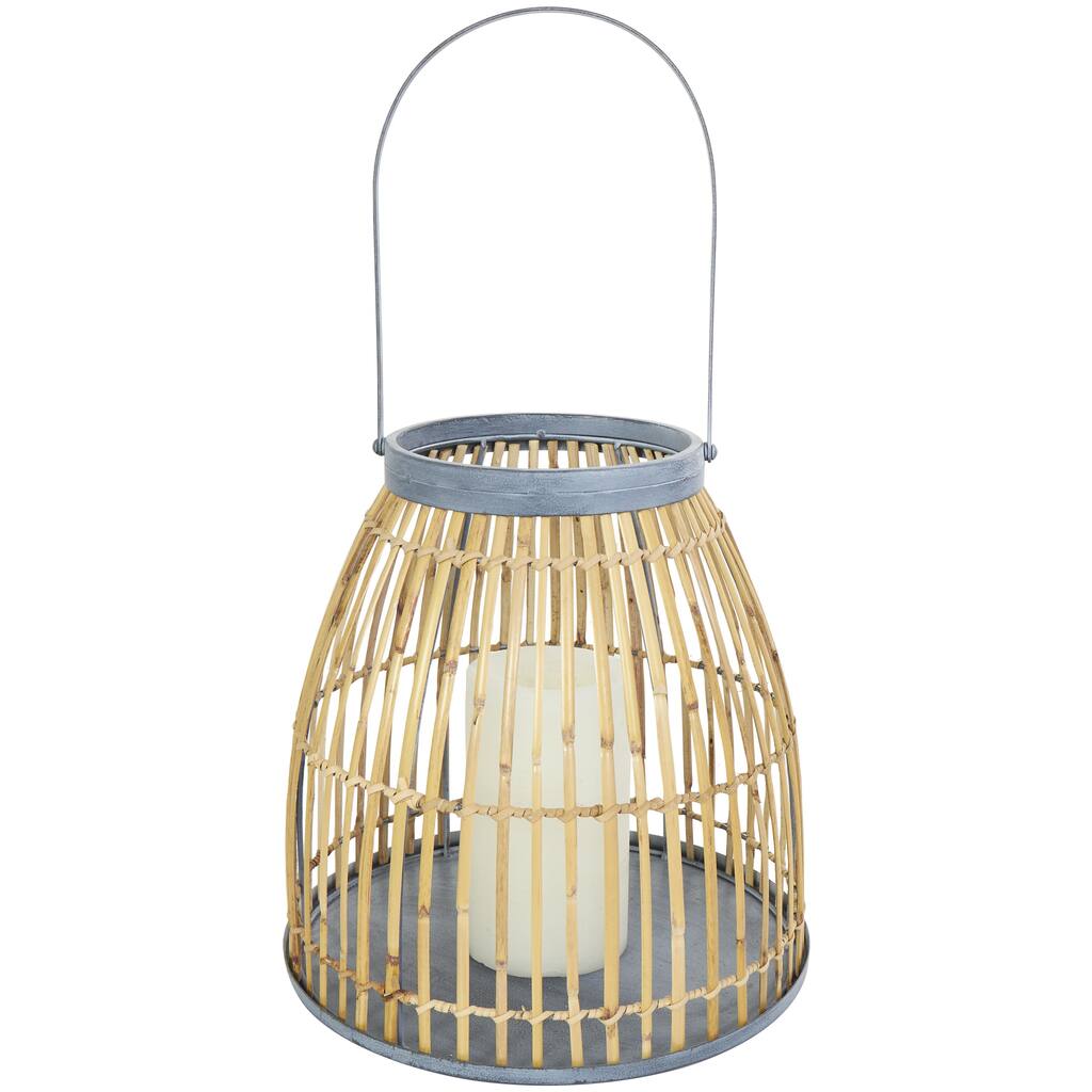 Bamboo Wood Handmade Woven Open Framed Caged Style Indoor Outdoor Candle Lantern with Blue Accents - Brown - Roche River Decor