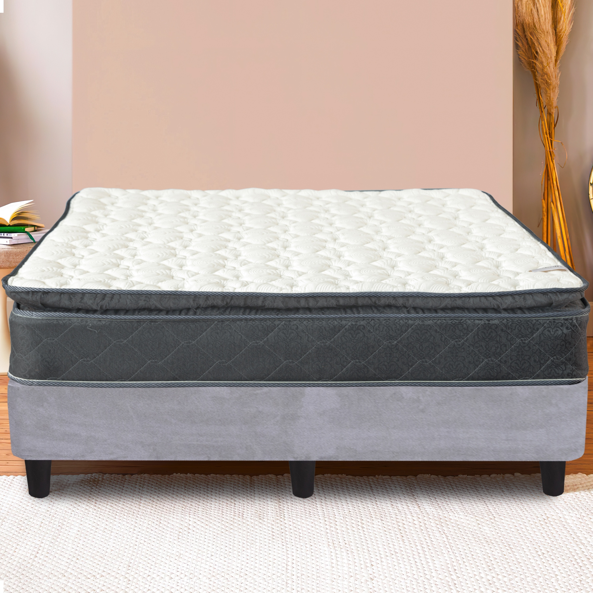 Onetan Mattress and Platfrom Bed Set 10 Inch Memory Foam Medium Pillow Top Hybrid Mattress and 13 Wood Premium Platform Bed King