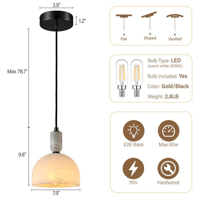 KAYLA Nordic Pendant Light Fixture - Round Alabaster Hanging Lamp with Brushed Brass Finish for Kitchen Island, Dining Room