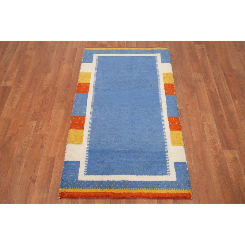 Hand Knotted Oriental 100% Wool Carpet Modern Bordered Navy Blue & Blues Gabbeh Area Rug - 4' 0'' X 2' 4''