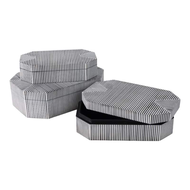 Resin Wood Decorative Box Striped Home Office (Set of 3) - 3/4" Black - 12" x 8" x 4"