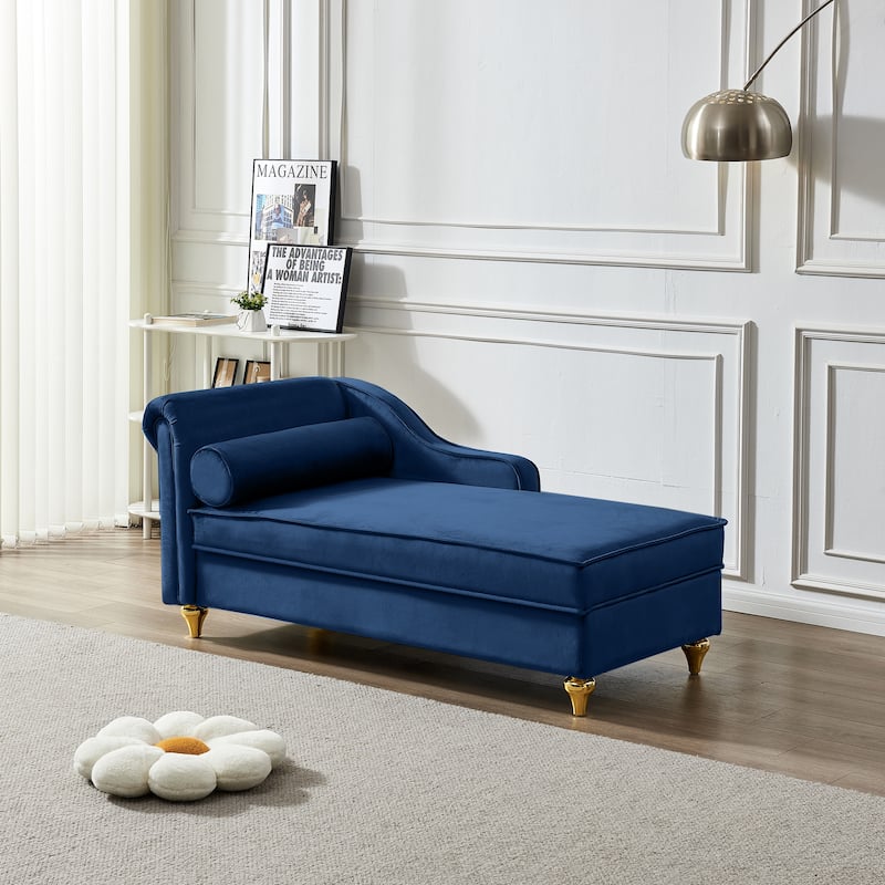 Modern 60.6" Velvet Upholstered Chaise Lounge Chair with Metal Legs and Storage - Navy Blue