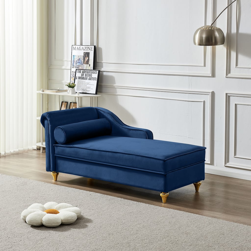 Navy Blue Modern 60.6" Velvet Upholstered Chaise Lounge Chair with Metal Legs and Storage