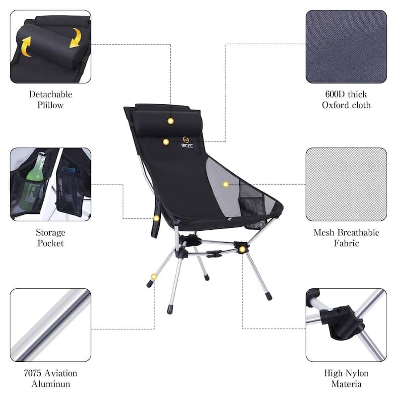 Ultralight High Back Folding Camping Chair, Backpacking Chair, Compact & Heavy Duty Outdoor with 2 Side Pockets