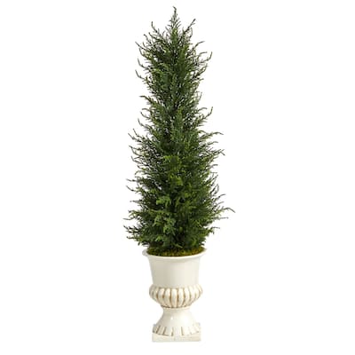39" Cypress Artificial Tree in White Urn UV Resistant (Indoor/Outdoor) - 10"
