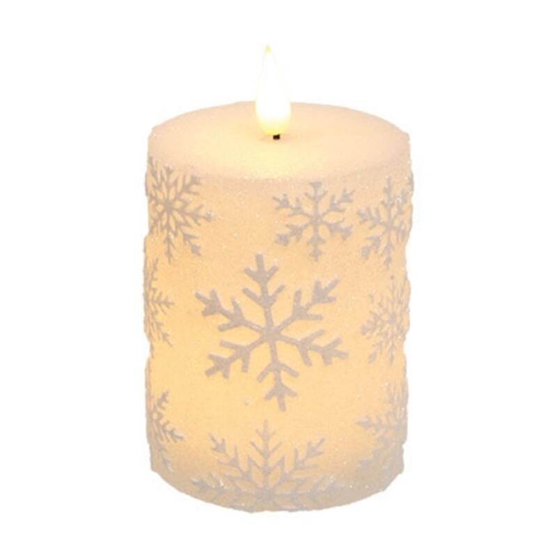 Sparkling White Snowflake LED Timer Pillar Candle Winter Decor