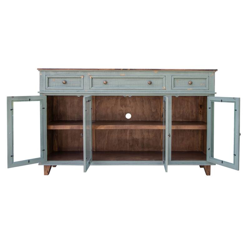 HomeRoots 70" Green Solid and Manufactured Wood Distressed Credenza - 70.00 in. x 43.00 in. x 17.75 in.