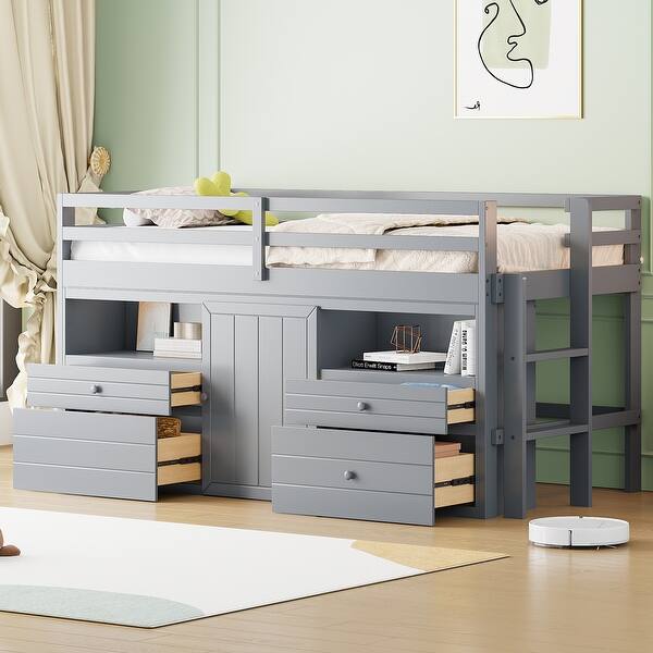 slide 2 of 14, Maximized Storage Space Wood Loft Bed with 4 Drawers, Underneath Cabinet and Shelves, Twin size, Grey Grey