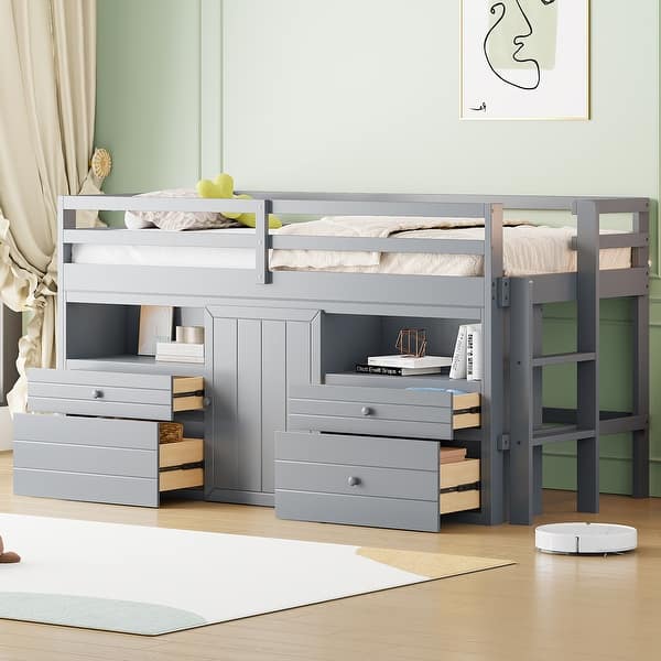 slide 2 of 13, Twin Size Low Loft Bed with 4 Storage Drawers, Underneath Cabinet and Shelves, Wooden Bedframe with Ladder for Kids, Gray