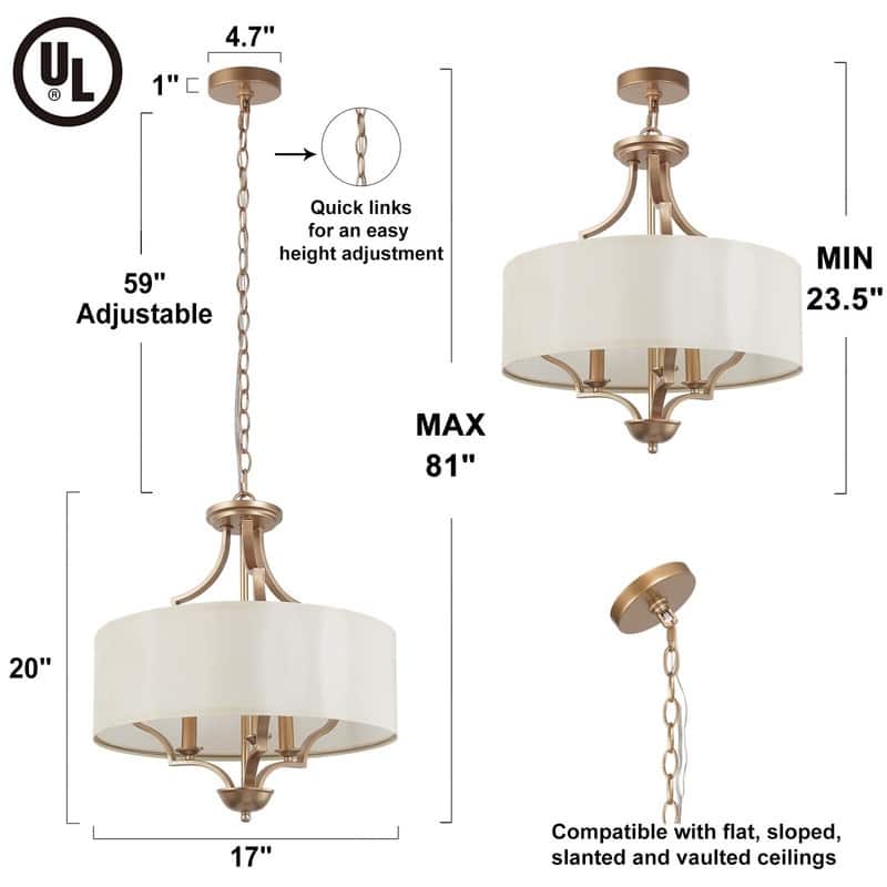 Mid-Century Modern 3-Light Drum Chandelier Fabric Lights for Dining Room - Deep Gold - 17" D x 20" H