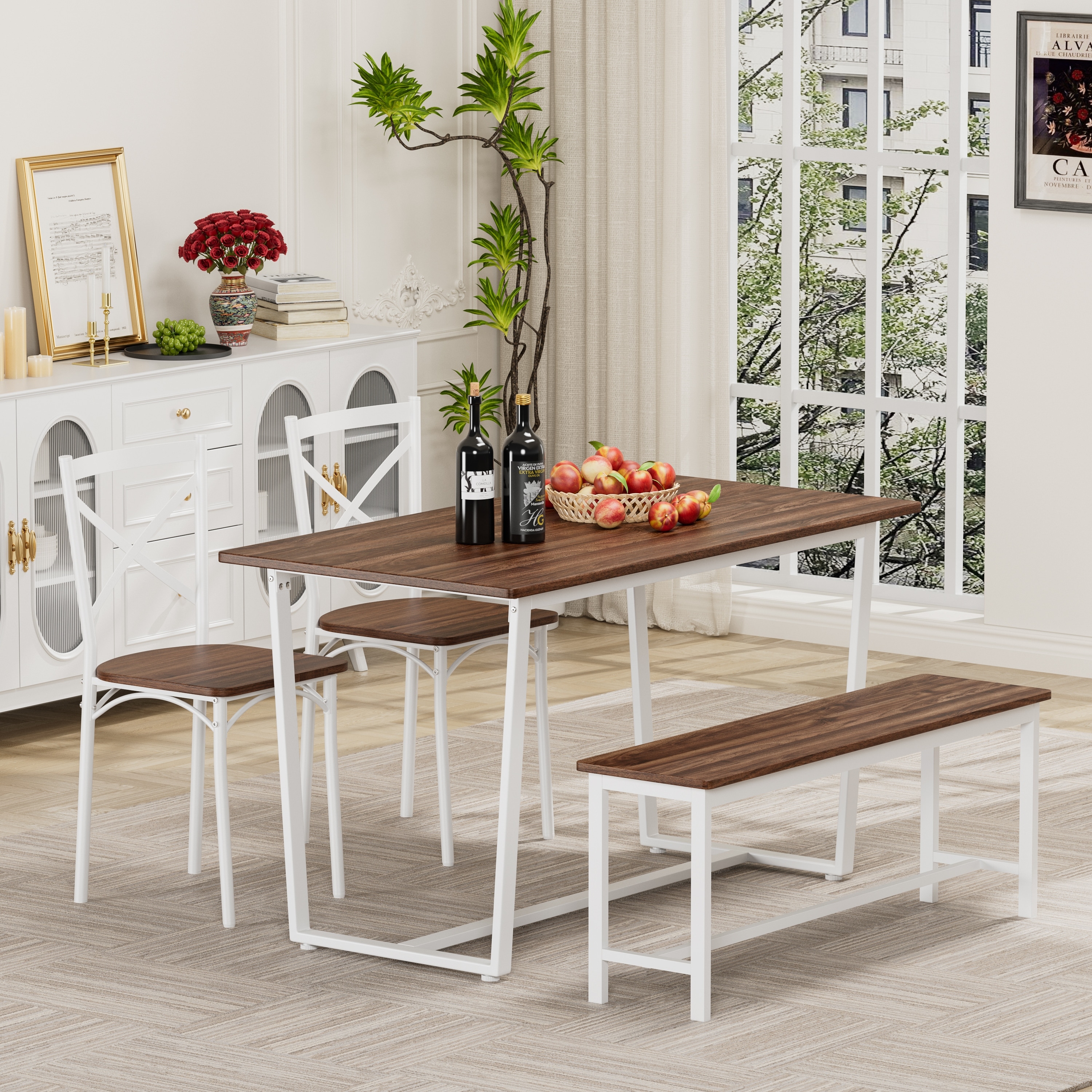 5-Piece Industrial Dining Table Set with 4 Chairs and Bench, Curved X-Shape Steel Frame Chairs, Dark Walnut Dining Table