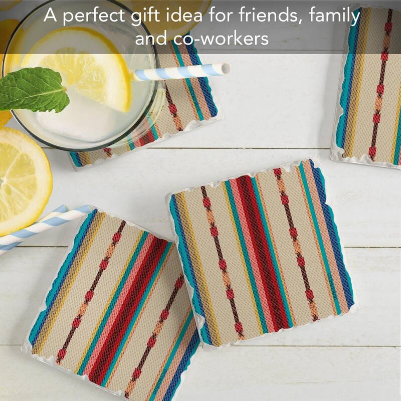 Southwest Multi-Stripe 4-Pack Absorbent Stone Coasters with Protective Cork Backing 4" Square Made in The USA Easily Wipes Clean